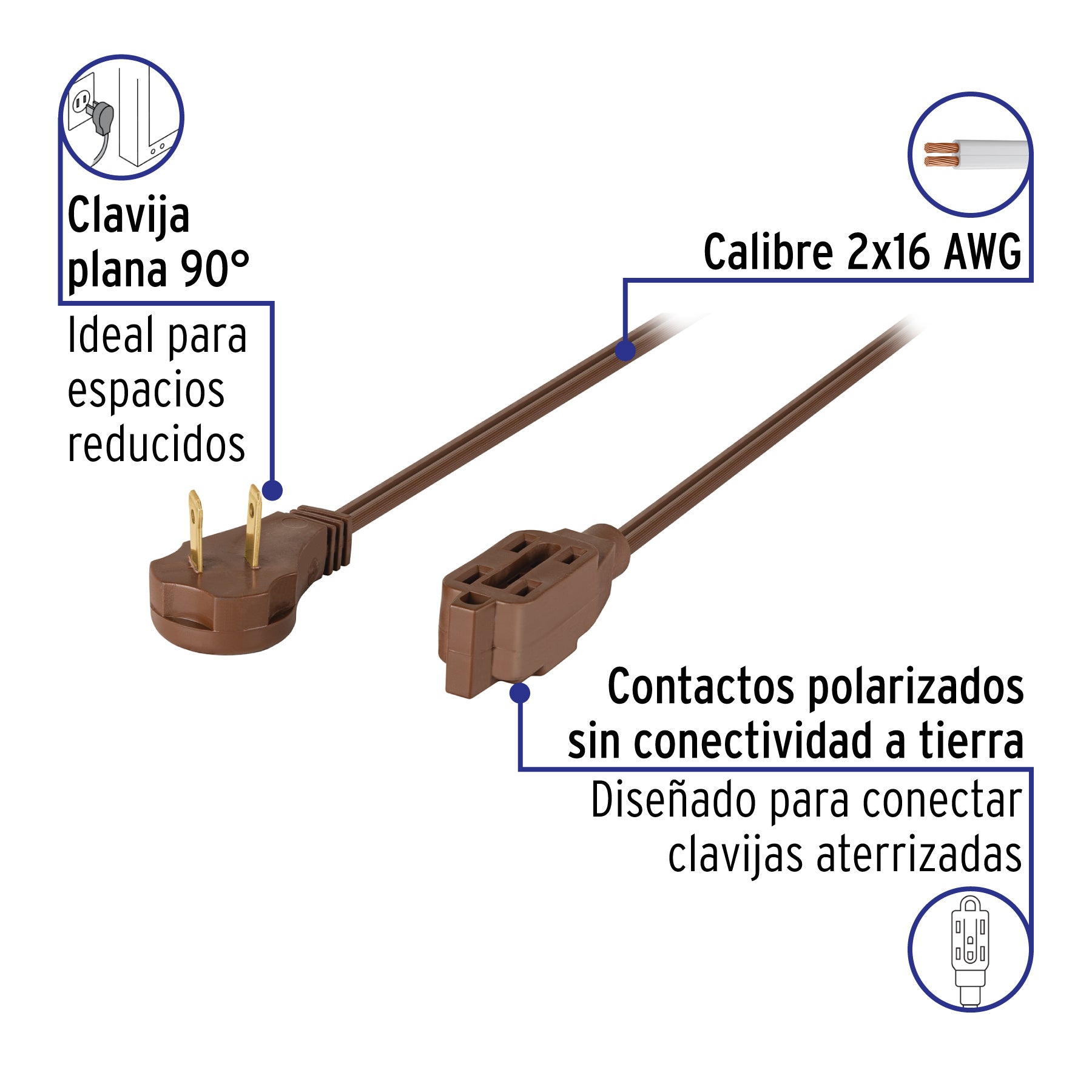 Extensión eléctrica doméstica 3 m clavija plana, café | ED-3C | 48007