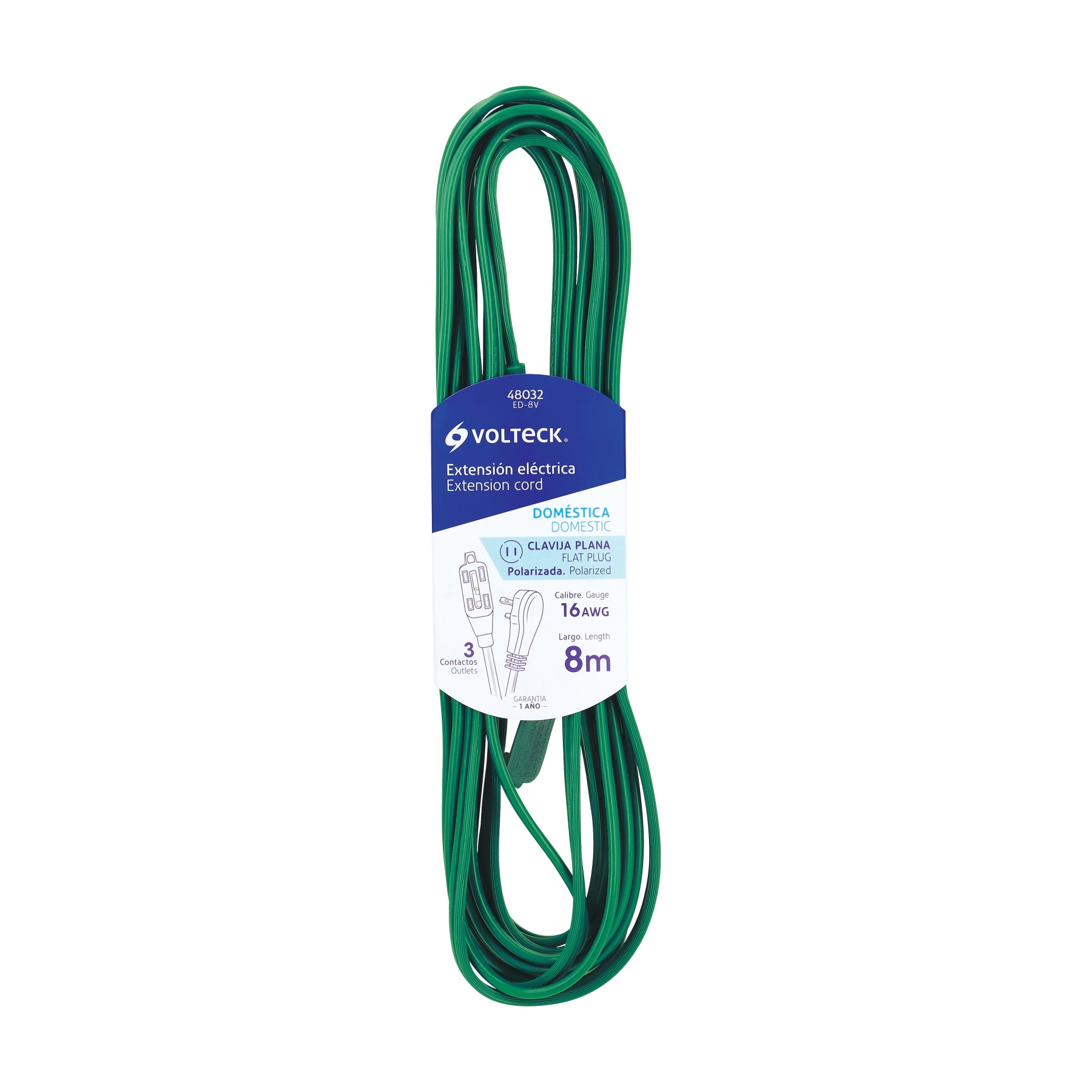 Extensión eléctrica doméstica 8 m clavija plana, verde | ED-8V | 48032