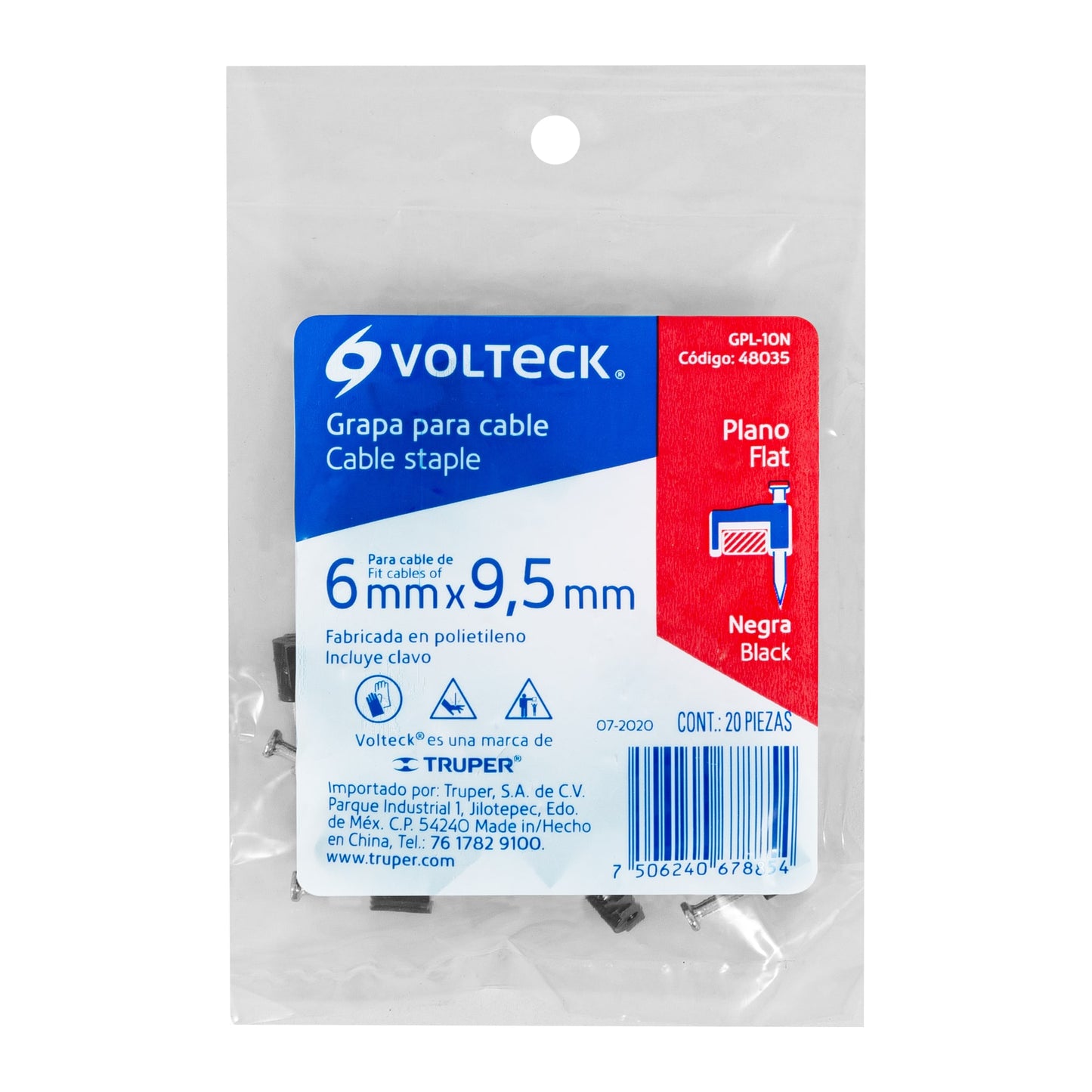 Bolsa con 20 grapas negras de 6 x 9.5 mm para cable plano | GPL-10N | 48035