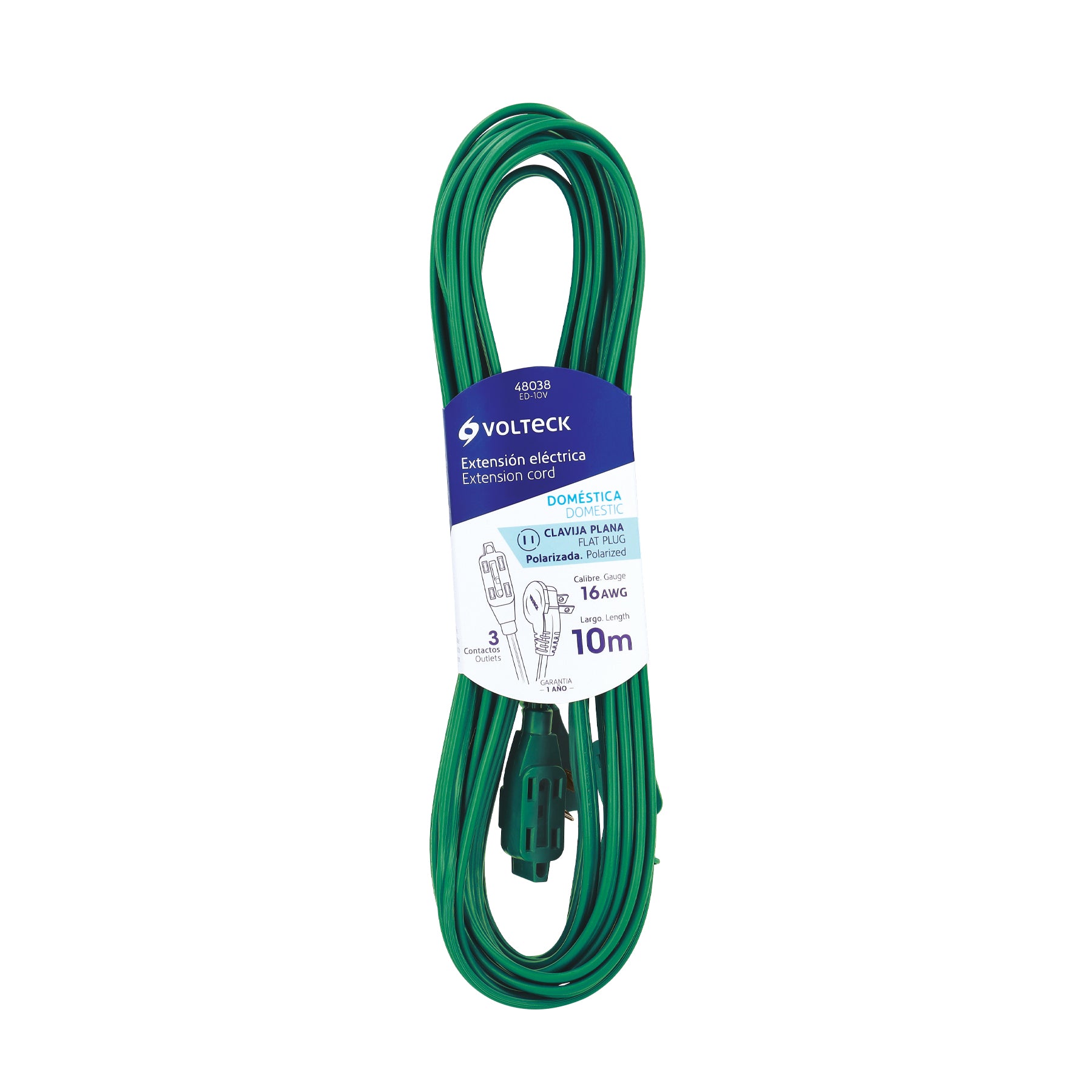 Extensión eléctrica doméstica 10 m clavija plana, verde | ED-10V | 48038