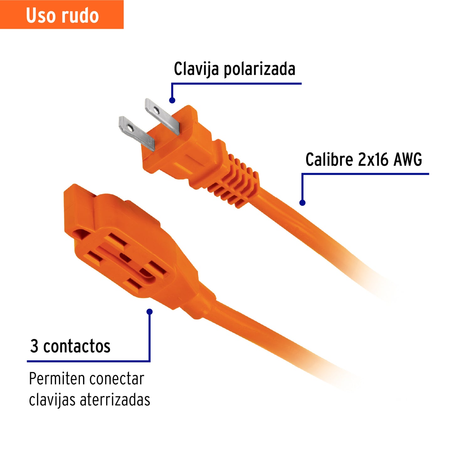 Extensión eléctrica de uso rudo 2 m 2x16 AWG, Volteck | ER-2X16 | 48042
