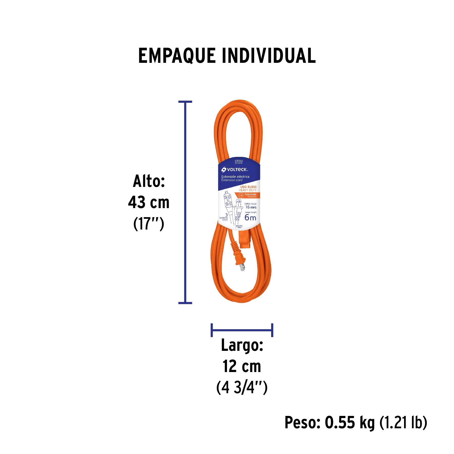 Extensión eléctrica de uso rudo 6 m 2x16 AWG, Volteck | ER-6X16 | 48044