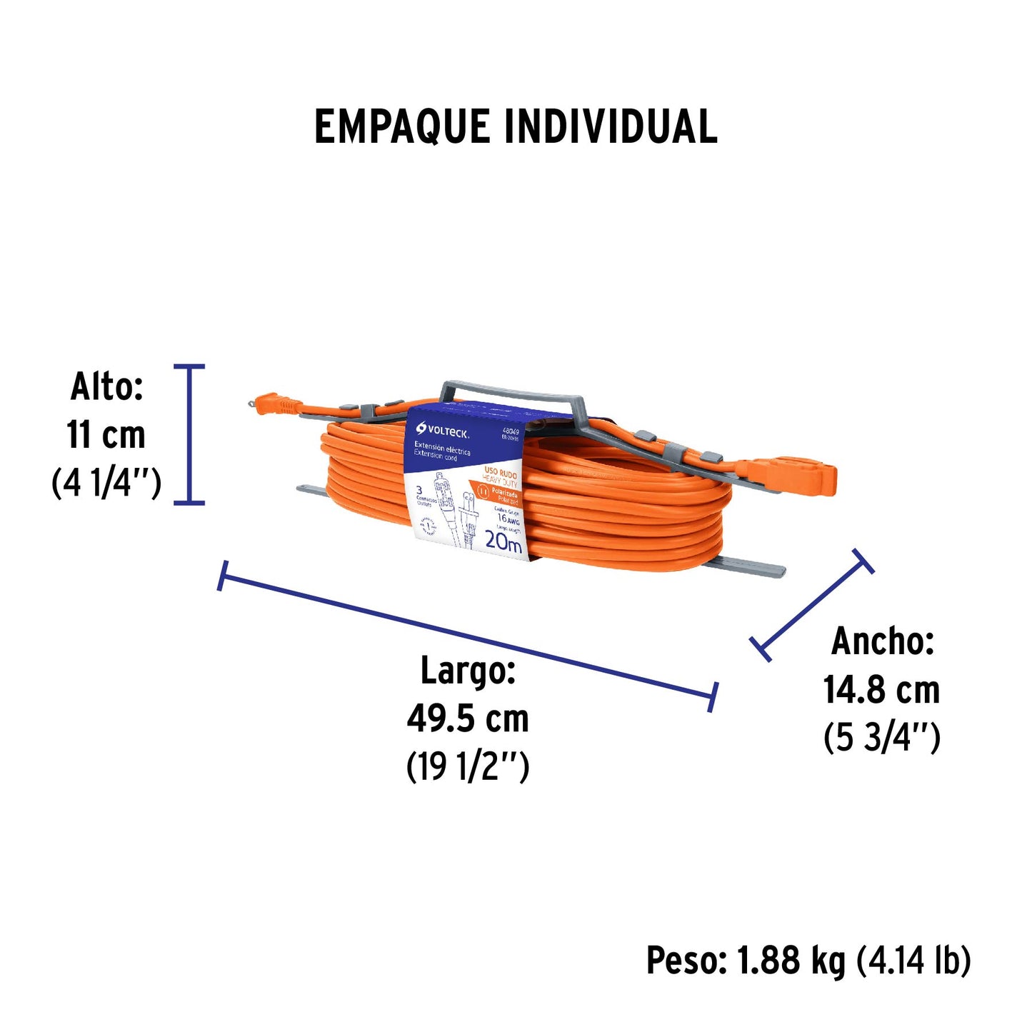 Extensión eléctrica de uso rudo 20 m 2x16 AWG, Volteck | ER-20X16 | 48049