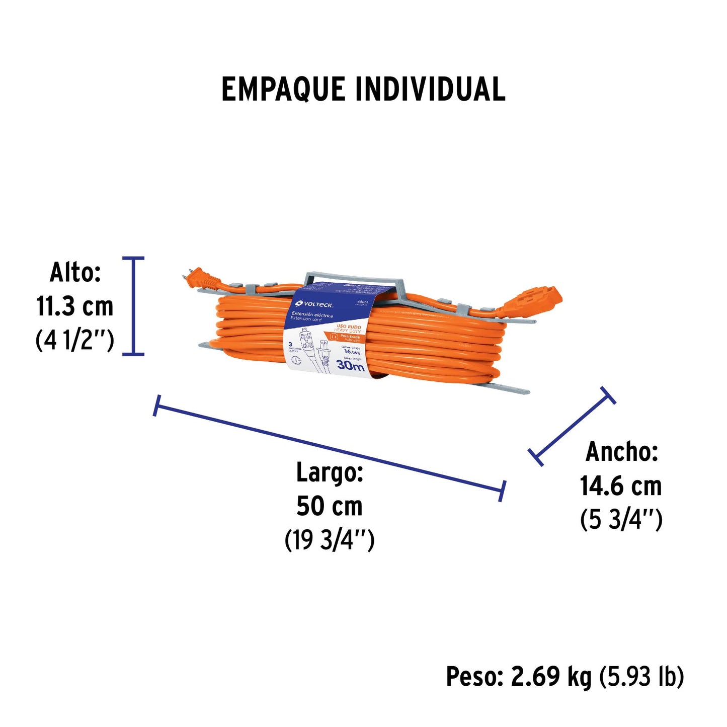Extensión eléctrica de uso rudo 30 m 2x16 AWG, Volteck | ER-30X16 | 48051