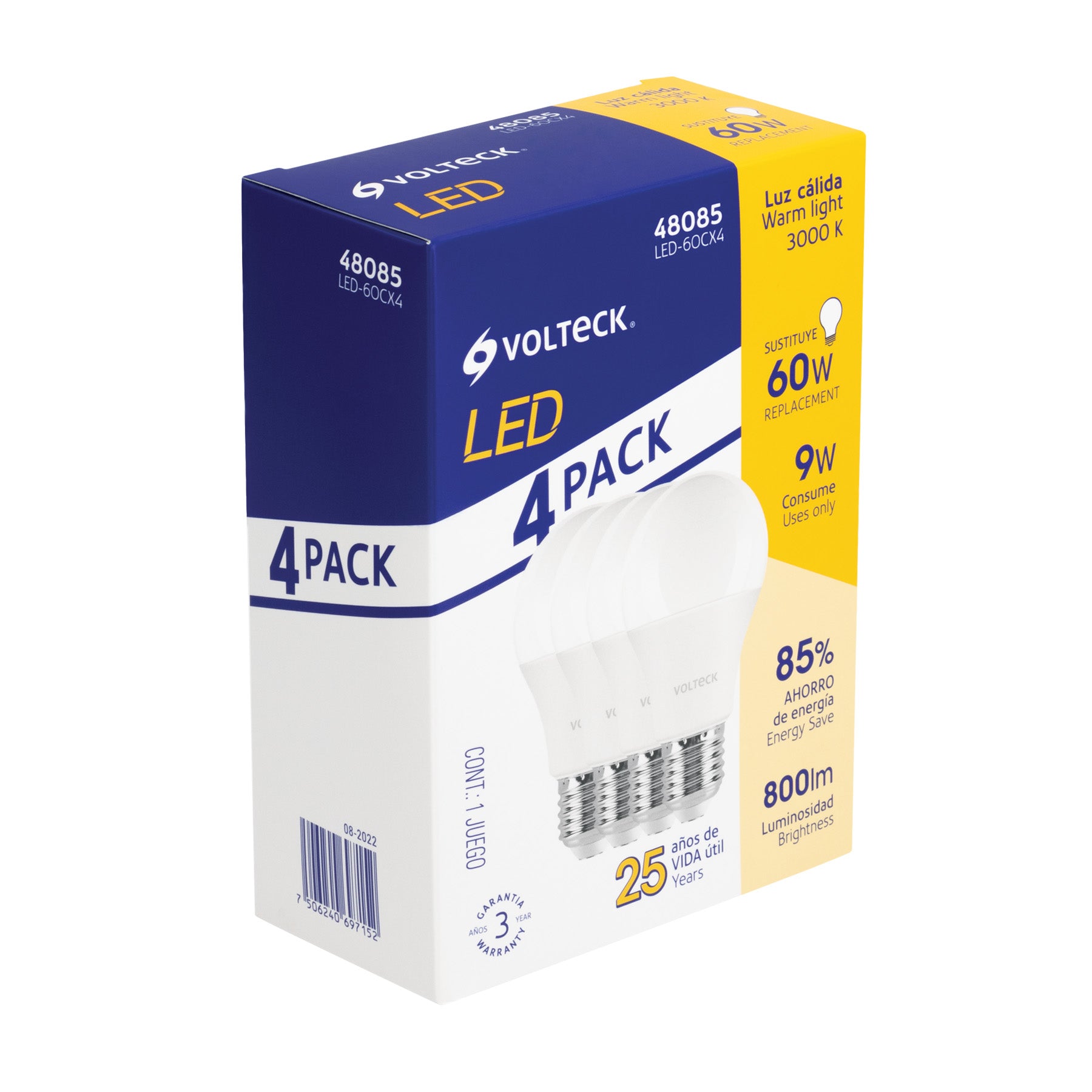 Pack de 4 lámparas LED A19 9 W (equiv. 60 W), luz cálida | LED-60CX4 | 48085