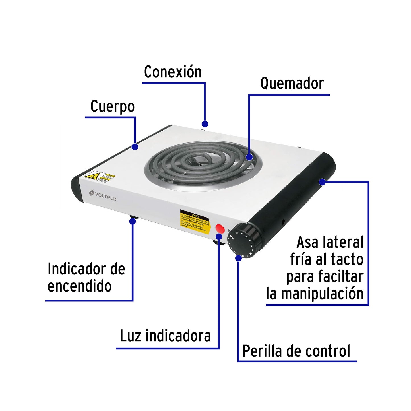 Parrilla eléctrica 1 quemador en espiral, blanca, VOLTECK | PAEL-1C | 48126