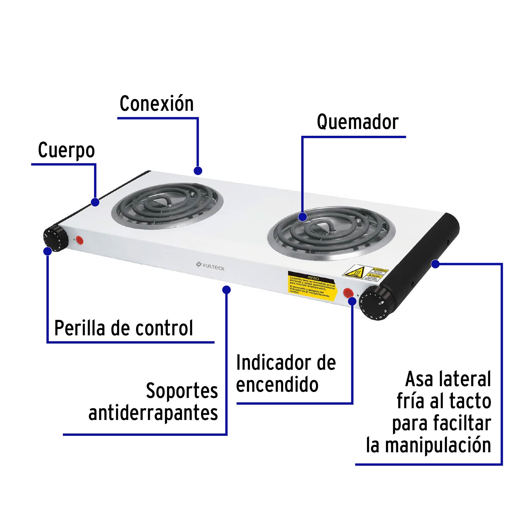 Parrilla eléctrica 2 quemadores en espiral, blanca, VOLTECK | PAEL-2C | 48127