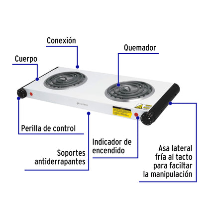 Parrilla eléctrica 2 quemadores en espiral, blanca, VOLTECK | PAEL-2C | 48127