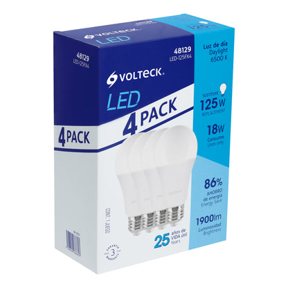 Pack de 4 lámparas LED A19 18 W (equiv. 125 W), luz de día | LED-125FX4 | 48129