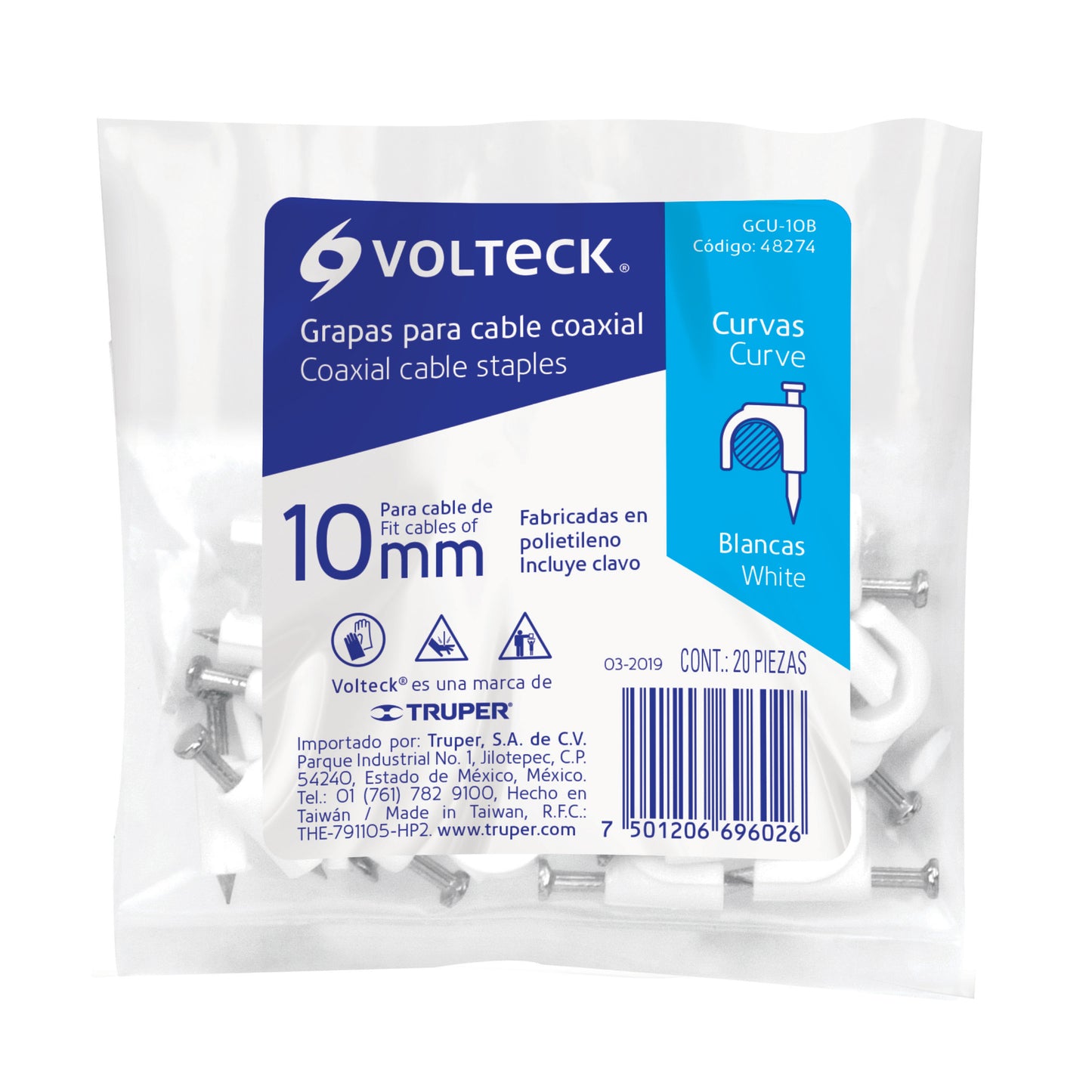 Bolsa con 20 grapas blancas de 10 mm para cable redondo | GCU-10B | 48274