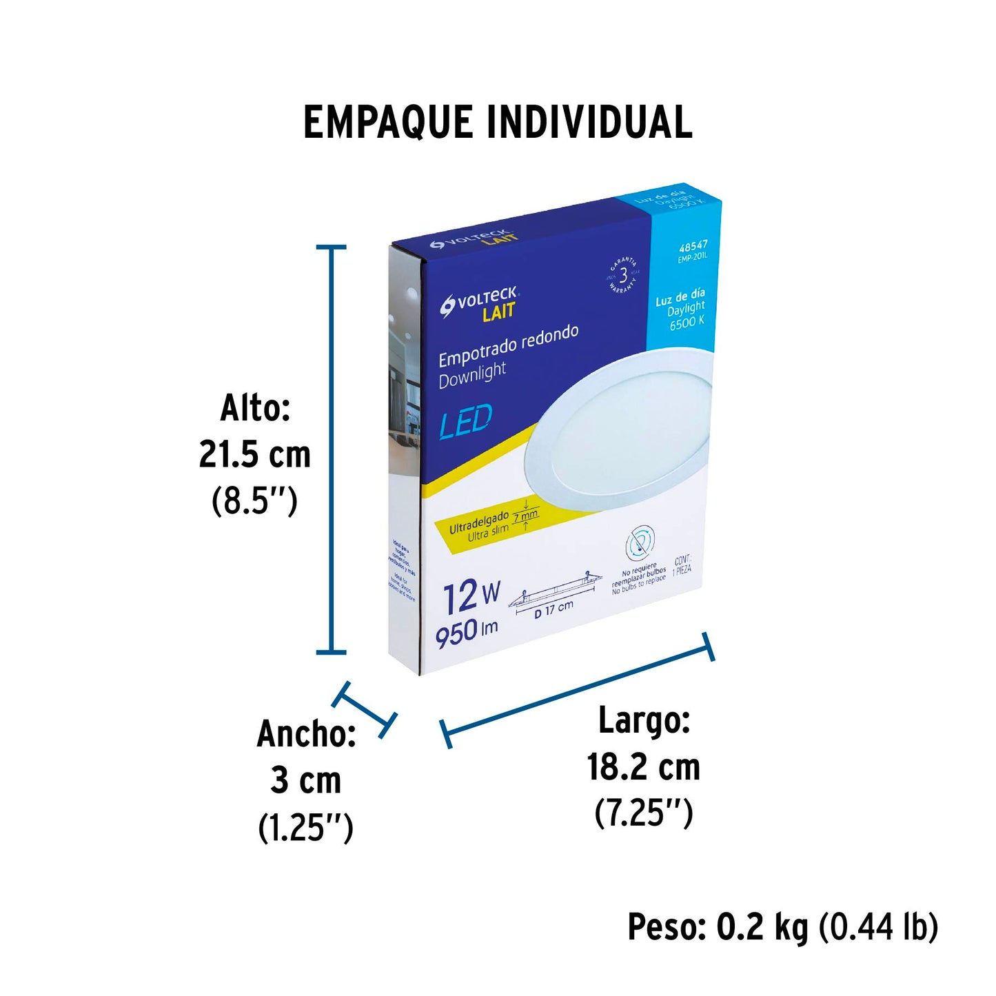 Luminario LED plafón 12W 6500K ultradelgado redondo, VOLTECK | EMP-201L | 48547