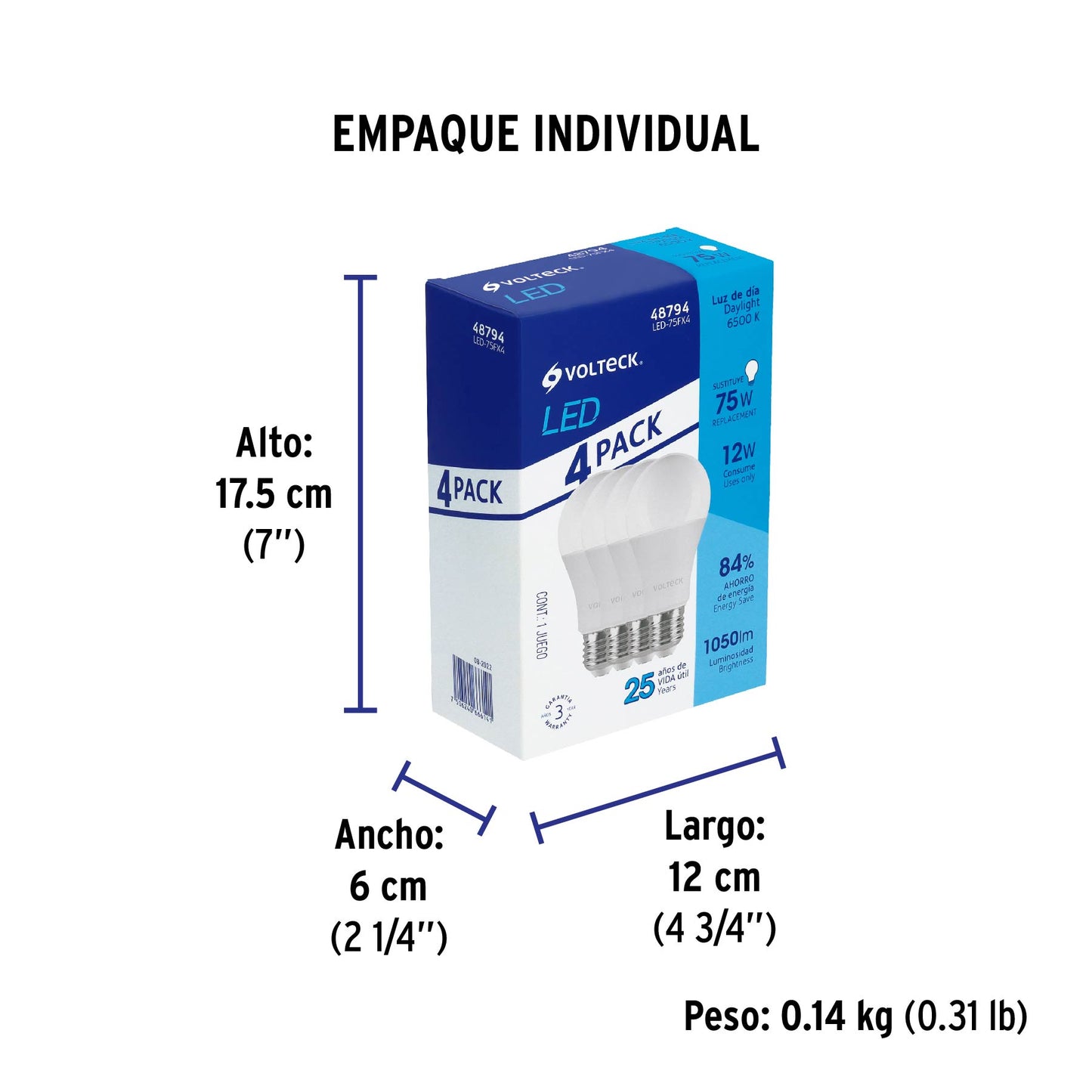 Pack de 4 lámparas LED A19 12 W (equiv. 75 W), luz de día | LED-75FX4 | 48794