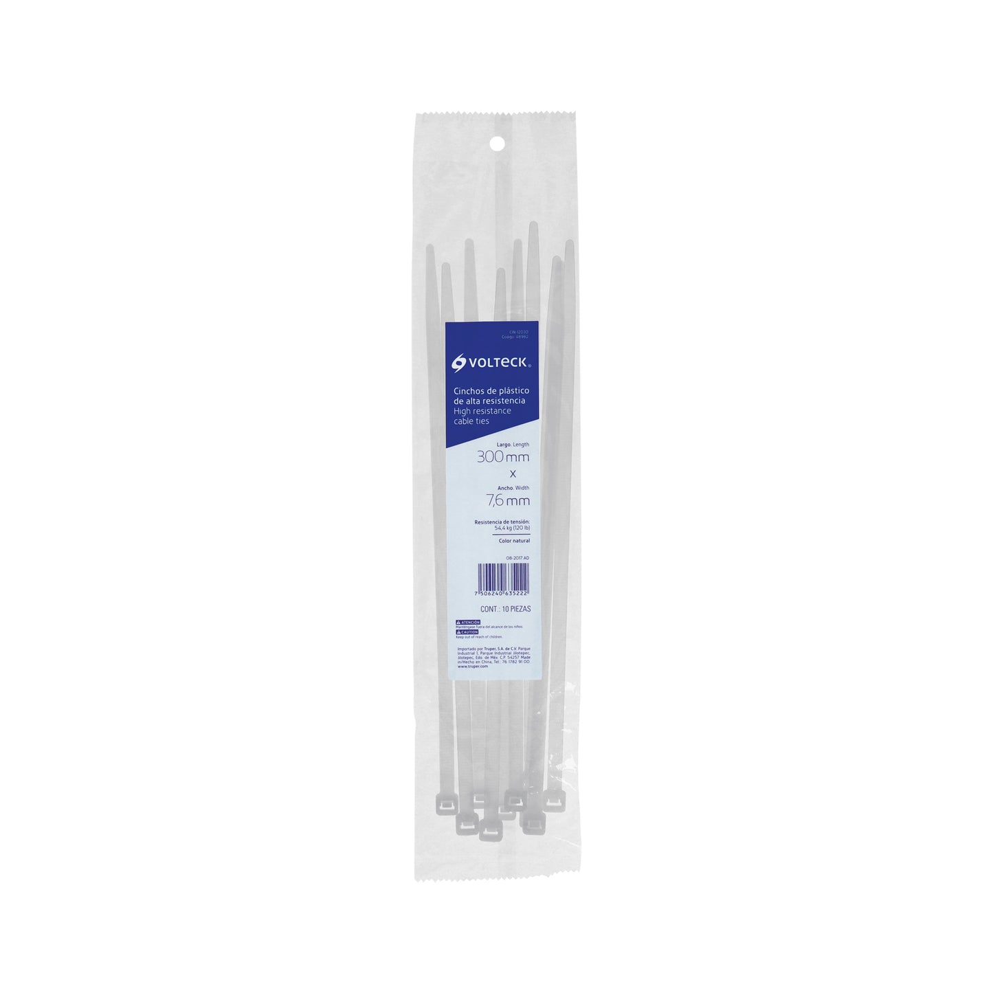 Bolsa c/10 cinchos plásticos 120 lb, 300 x 7.5 mm, naturales | CIN-12030 | 48982