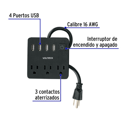 Multicontacto 16 AWG doméstico, 3 entradas 4 ptos USB, negro | MUL-3UN | 49321
