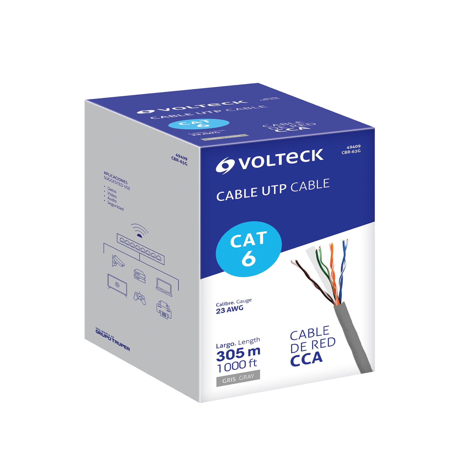 Metro de cable UTP CAT6, Bobina de 305m, gris, VOLTECK | CBR-63G | 49409