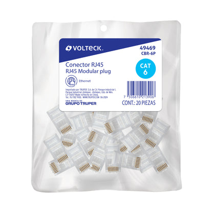 Plug RJ45 CAT6, Bolsa con 20 piezas, VOLTECK | CBR-6P | 49469