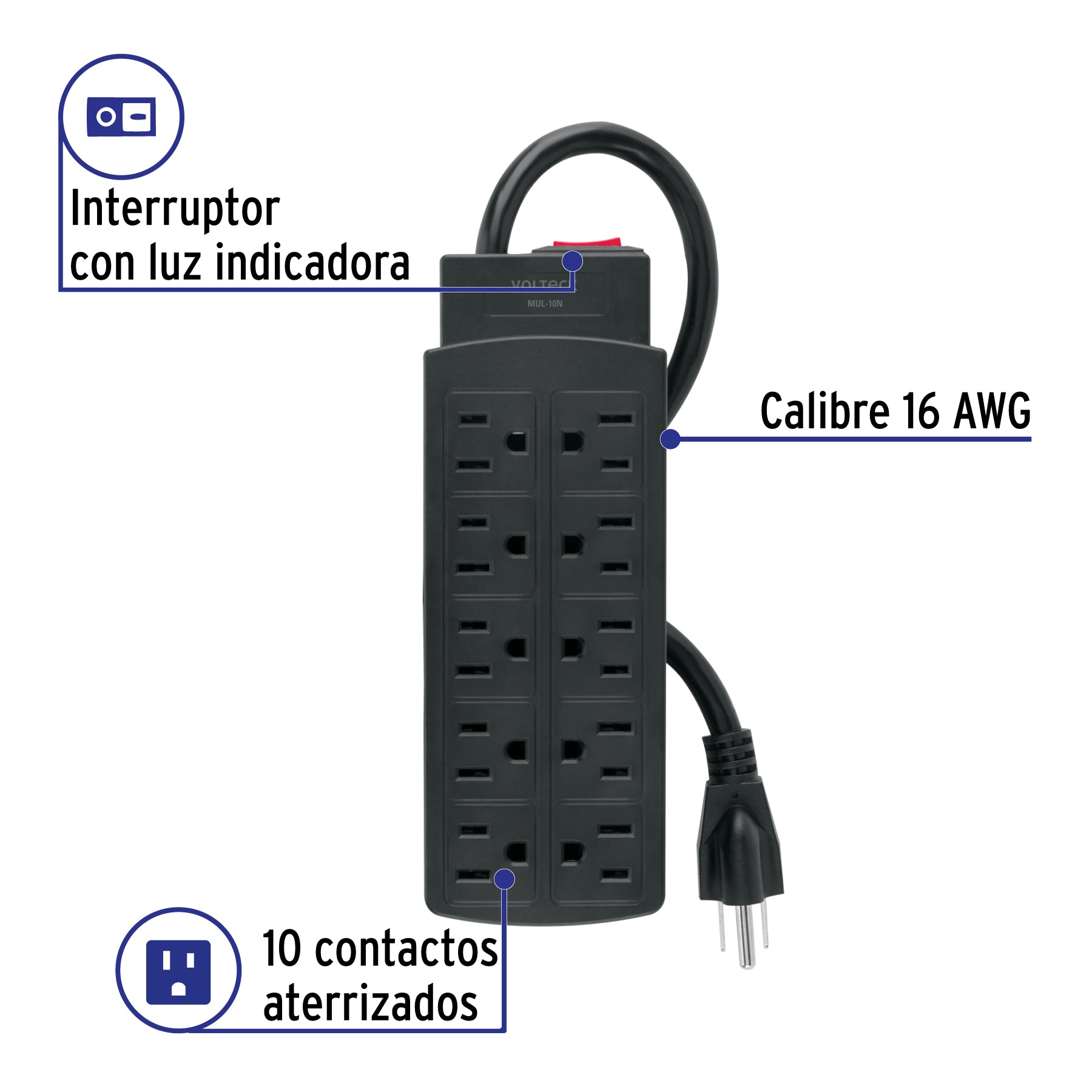 Multicontacto de uso rudo con 10 entradas, negro, VOLTECK | MUL-10N | 49533