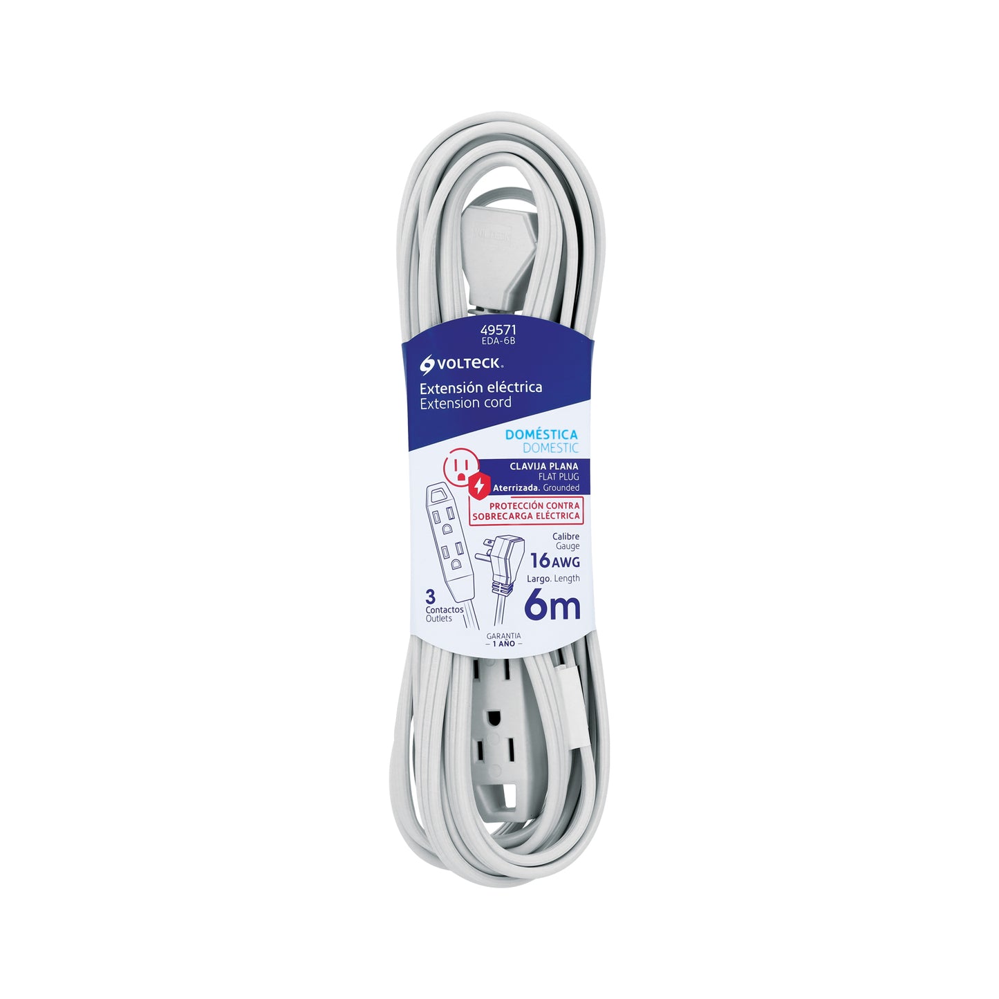 Extensión doméstica aterrizada 6 m blanca con clavija plana | EDA-6B | 49571