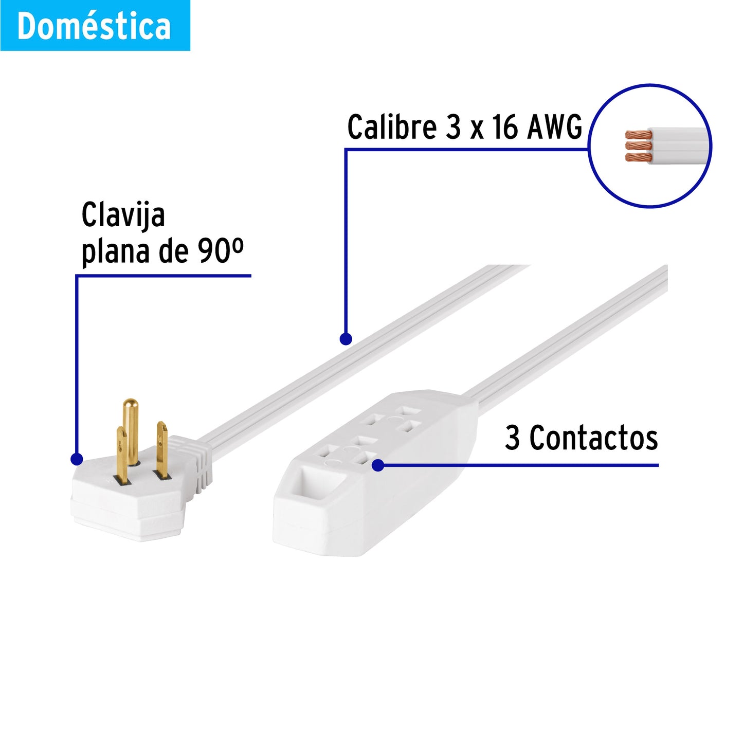 Extensión doméstica aterrizada 10 m blanca con clavija plana | EDA-10B | 49573