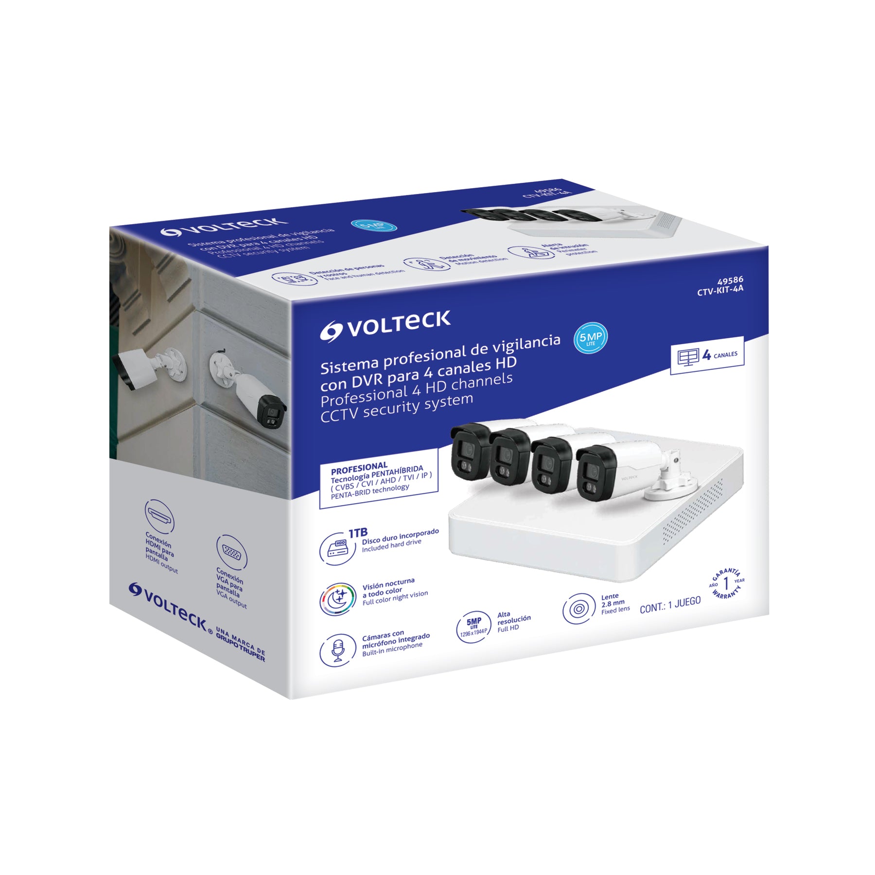 Kit video vigilancia, 4 canales, 4 cámaras, 5MP, Disco 1TB | CTV-KIT-4A | 49586