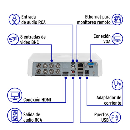 Kit video vigilancia, 8 canales, 4 cámaras, 5MP, Disco 1TB | CTV-KIT-8A | 49588