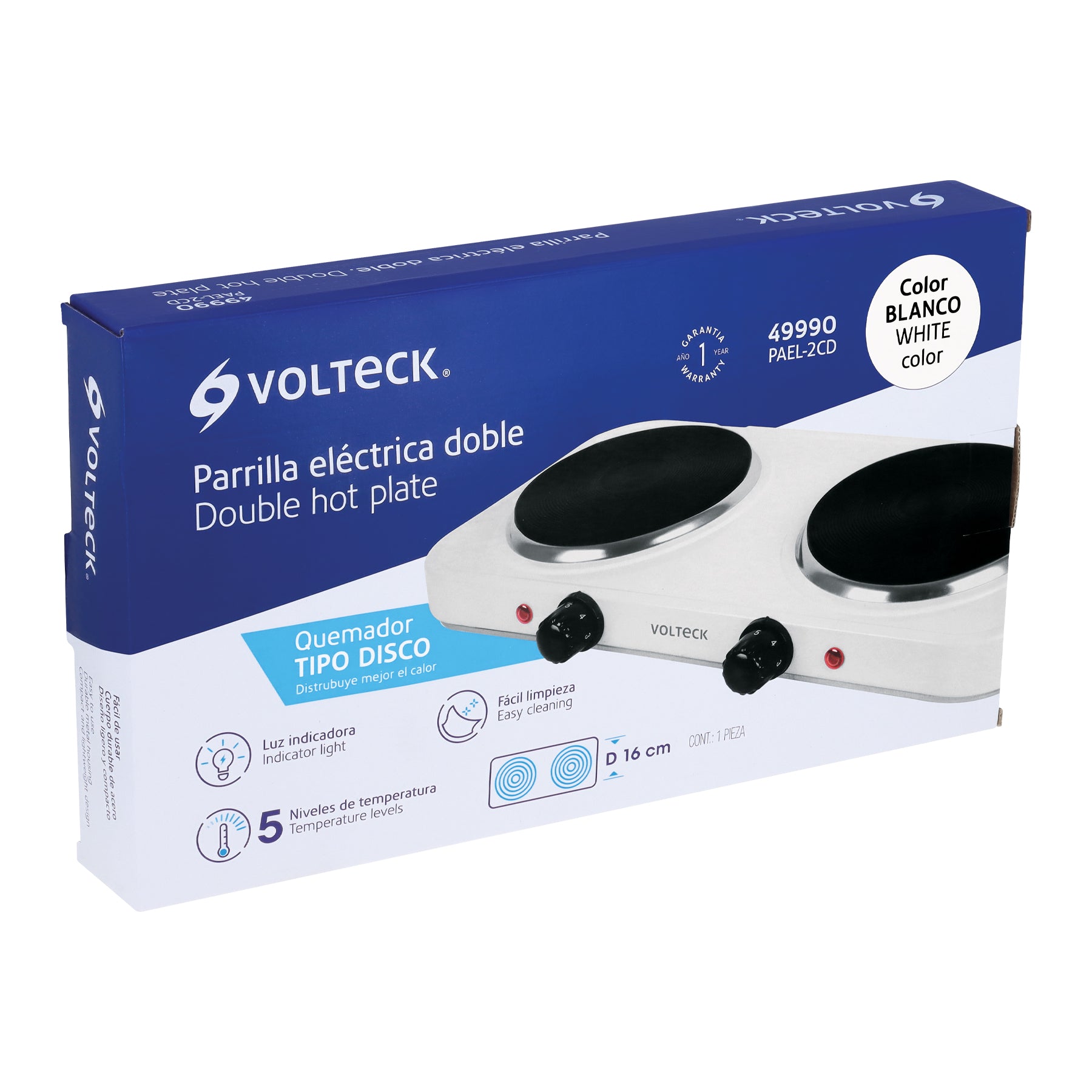 Parrilla eléctrica 2 quemadores de disco, blanca, VOLTECK | PAEL-2CD | 49990