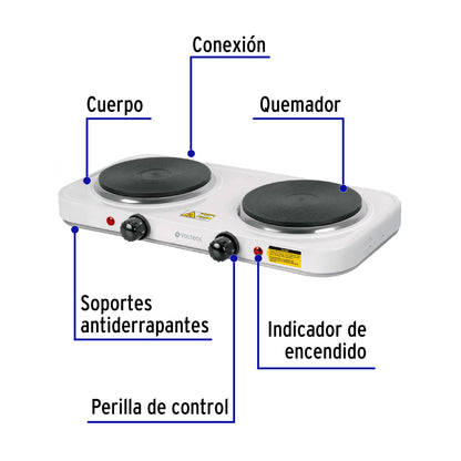 Parrilla eléctrica 2 quemadores de disco, blanca, VOLTECK | PAEL-2CD | 49990
